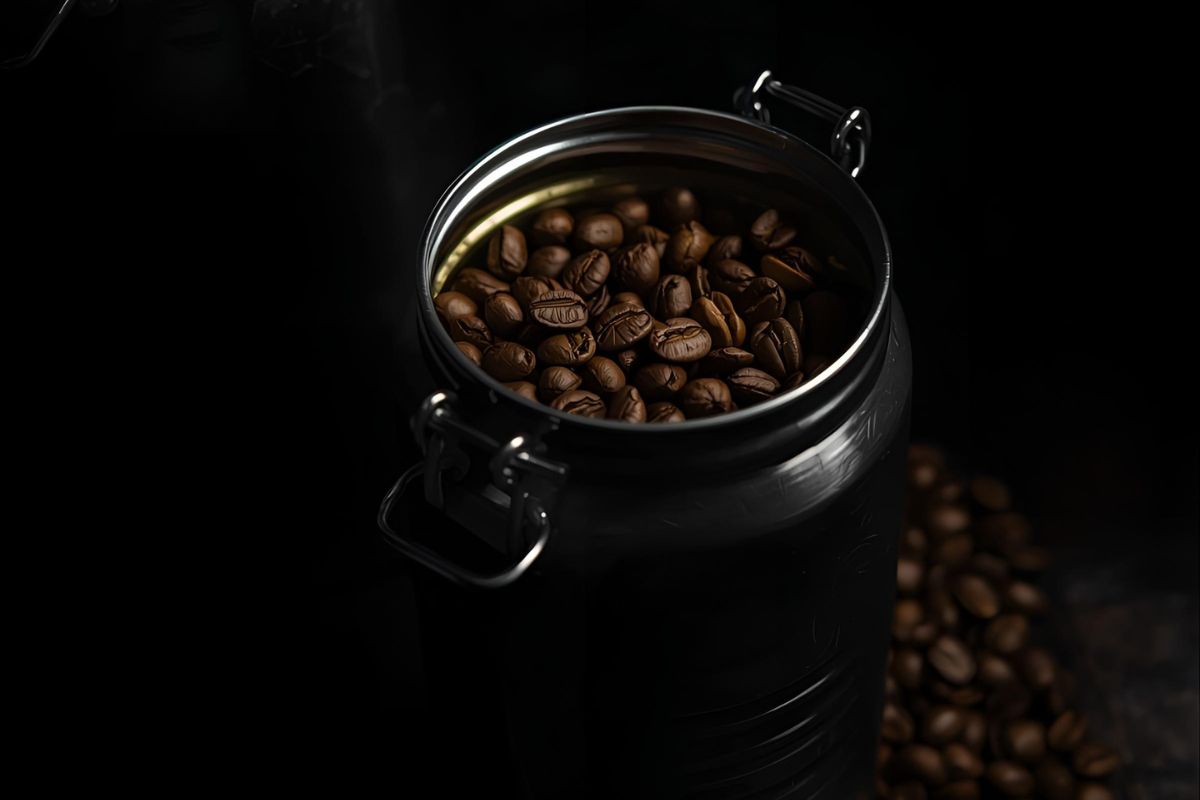 A close-up, dark image of a black metal canister with a flip-top lid open, filled with whole, dark roasted coffee beans.