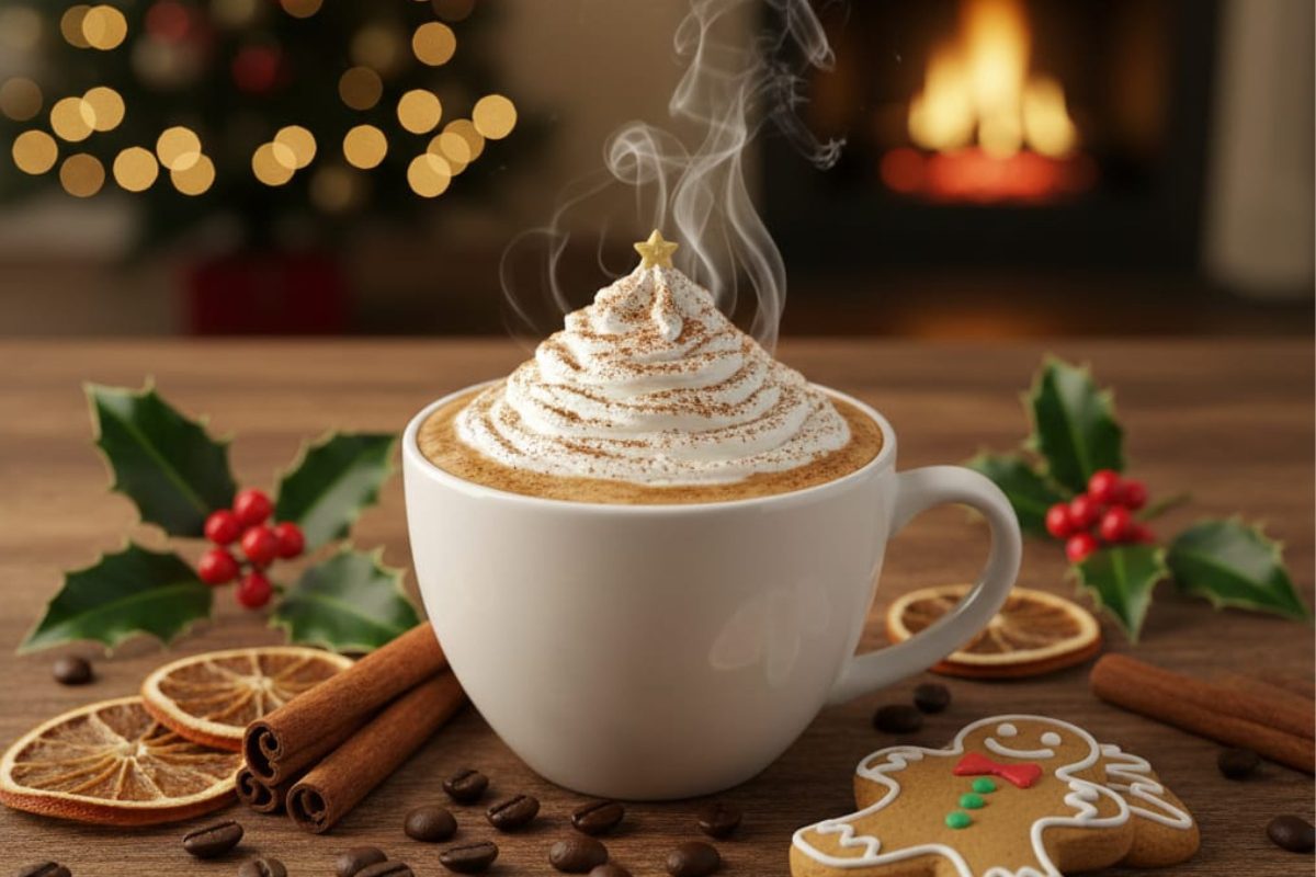 A white mug filled with a holiday drink, topped with a large swirl of whipped cream, cinnamon dusting, and a small star decoration. It is surrounded by holly, dried orange slices, coffee beans, and a gingerbread man cookie, set against a cozy, blurred fireplace.