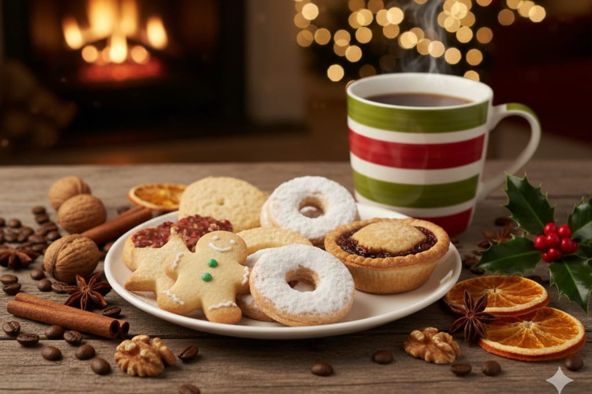 A plate of festive holiday cookies and pastries (including a gingerbread man and mini mince pie) sits next to a steaming striped red and green mug of coffee, with a blurred fireplace behind it.