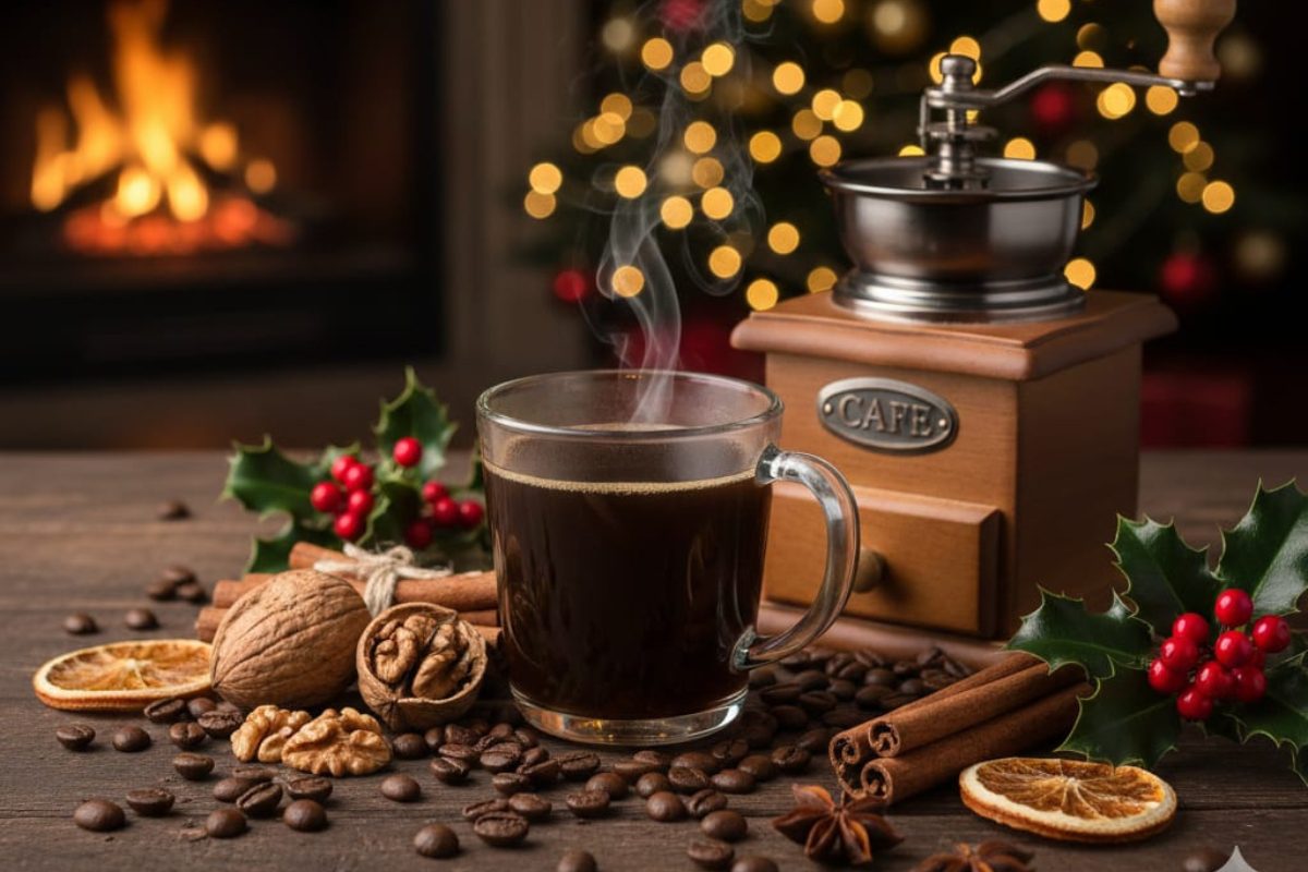 A steaming mug of black coffee is placed next to a traditional wooden coffee grinder, whole walnuts, cinnamon sticks, and sprigs of holly, with a warm fireplace and twinkling Christmas lights in the background.