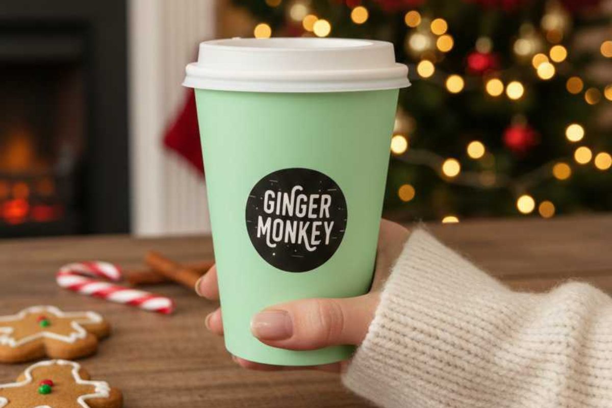 A hand holds a mint green paper coffee cup with a black circular "Ginger Monkey" logo, placed on a wooden table with candy canes and gingerbread men. A Christmas tree and fireplace are blurred in the background.