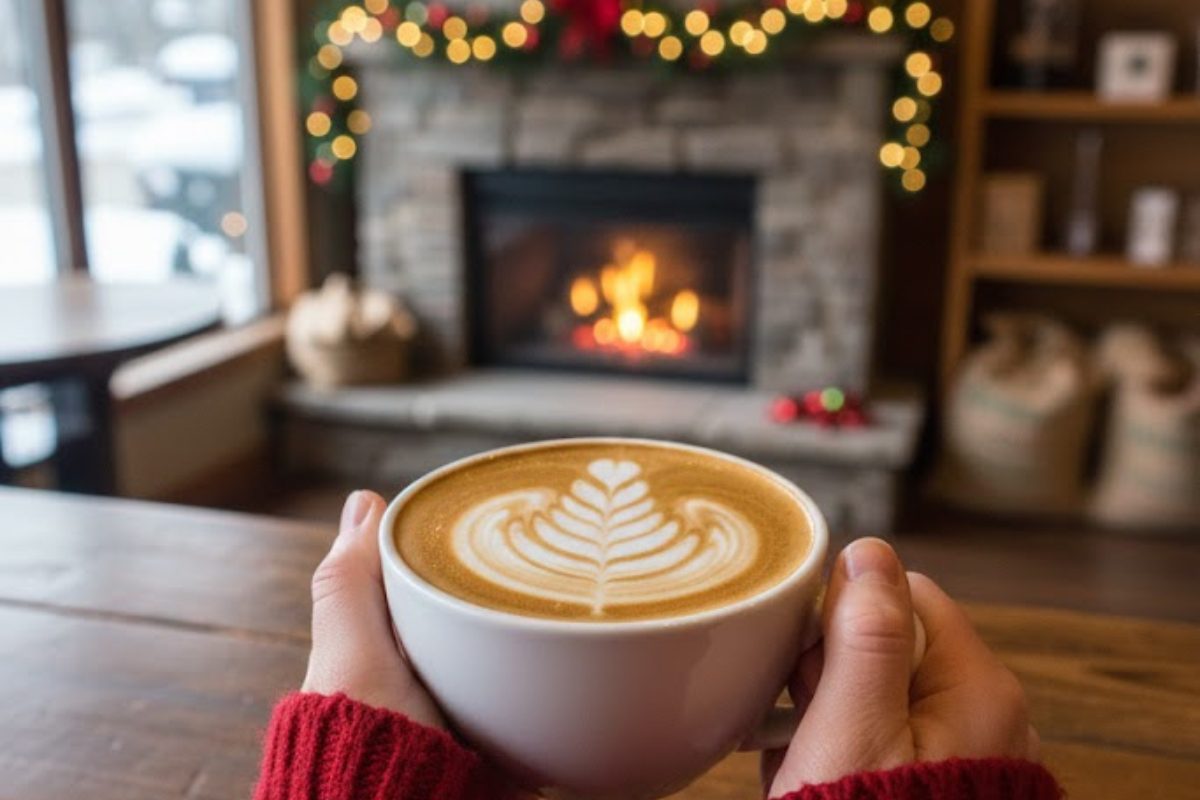 Hands in a red sweater hold a white mug of latte with detailed leaf-shaped latte art, set against a cozy, blurred background featuring a stone fireplace and Christmas lights.