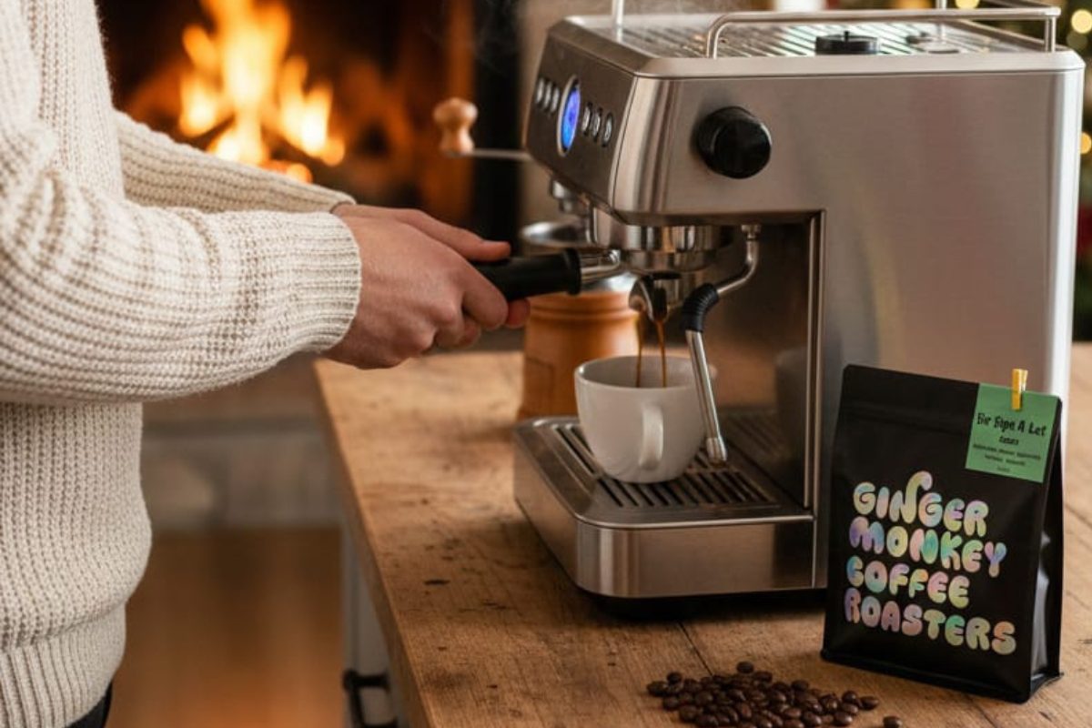 A person in a cream sweater uses a stainless steel espresso machine to brew coffee, with a bag of Ginger Monkey Coffee Roasters beans and whole coffee beans on the wooden counter. A cozy fire is in the background.